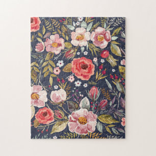 Elegantes, vintage-dunkles botanisches Wildblumenm Puzzle