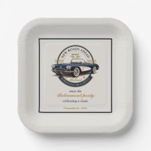 Elegantes Vintage-Emblem Blaues Auto Ruhestandsfei Pappteller