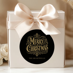 Elegantes Vintage-Frohe Weihnachten Schwarz Gold Runder Aufkleber