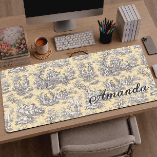 Elegantes Vintage-Gelb-Grau-Toile-de-Jouy-Monogram Schreibtischunterlage