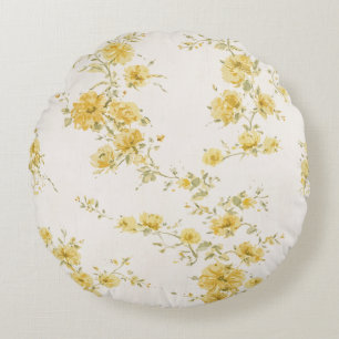 Elegantes Vintage-Gelbrosen-Blumenmuster Rundes Kissen