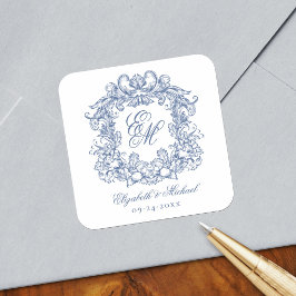 Elegantes Vintage-Hochzeitsmonogramm in Blau Quadratischer Aufkleber