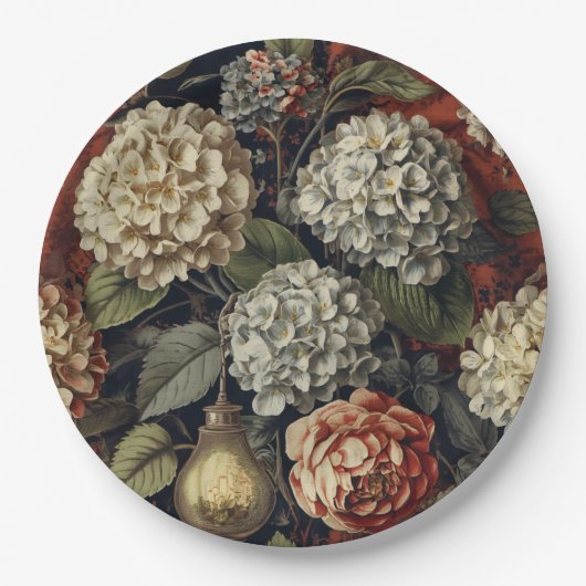 Elegantes vintage Hydrangeen-Blumenmuster Pappteller (Vorderseite)