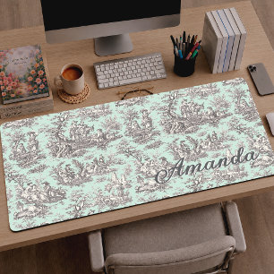Elegantes Vintage-Mintgrau-Toile-de-Jouy-Monogramm Schreibtischunterlage