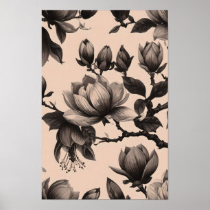 Elegantes Vintage-Monochrom-Magnolie-Plakat Poster