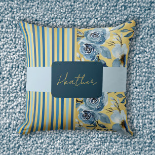 Elegantes vintage Monogramm Blau Gold Blumen Strei Kissen