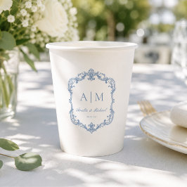 Elegantes Vintage-Monogramm Hochzeit Staubblau Pappbecher