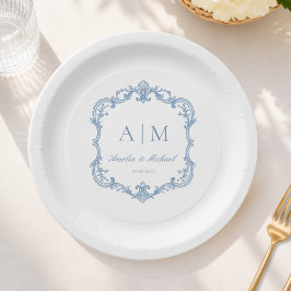 Elegantes Vintage-Monogramm Hochzeit Staubblau Pappteller