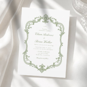 Elegantes Vintage-Monogramm-Hochzeit Weiß Grün Einladung