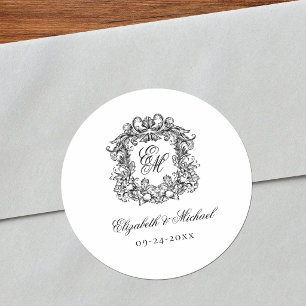 Elegantes Vintage-Monogrammwappen für die Hochzeit Runder Aufkleber
