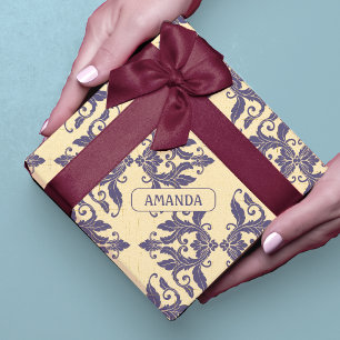 Elegantes vintage navyblaues gelbes Damast-Toile Geschenkpapier