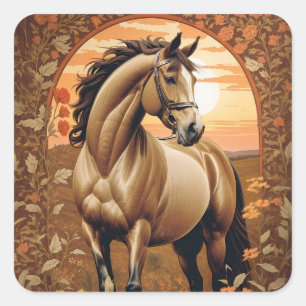 Elegantes Vintage-Pferd bei Sonnenuntergang Quadratischer Aufkleber