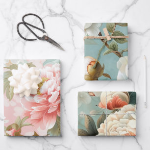 Elegantes Vintage-Pfingstrosen-Pastell-Blumen-Gesc Geschenkpapier Set