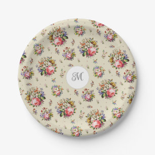 Elegantes Vintage-Rosa-Blumenmuster-Name-Monogramm Pappteller