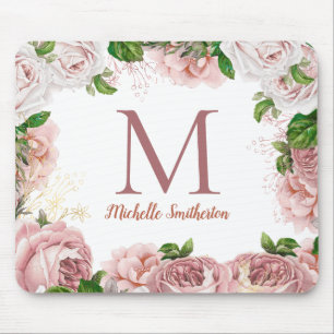 Elegantes Vintage-Rosa Florales Weißes Monogramm Mousepad