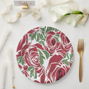Elegantes Vintage-Rosenmuster - Rote und grüne Blü Pappteller