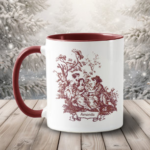 Elegantes Vintage-Rot-Monogramm Toile de Jouy Tasse