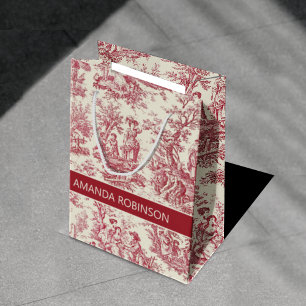 Elegantes Vintage-Rot Toile de Jouy französisches  Mittlere Geschenktüte