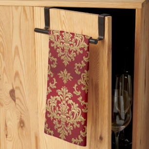 Elegantes Vintage-Rot- und Gold-Royal-Damaskmuster Geschirrtuch