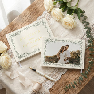 Elegantes Vintage-Salbei-Grün-Hochzeitsfoto- Gästebuch