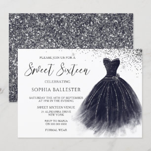 Elegantes Vintage Schwarzes Glitter Kleid Sweet 16 Einladung