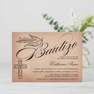 Elegantes Vintage-Script-Kreuz und -Taube Bautizo Einladung