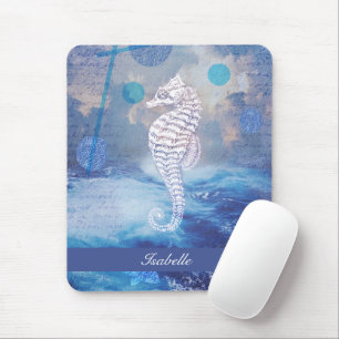 Elegantes Vintage-Seepferdchen Blaue Ozeanwellen N Mousepad