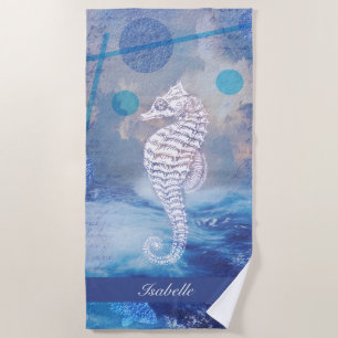 Elegantes Vintage-Seepferdchen blaue Ozeanwellen N Strandtuch