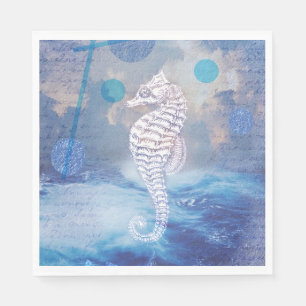Elegantes Vintage-Seepferdchen Blaue Ozeanwellen Serviette