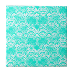 Elegantes Vintage Teal Türkis Spitze Damast Muster Fliese