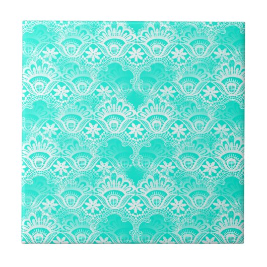 Elegantes Vintage Teal Türkis Spitze Damast Muster Fliese (Vorderseite)