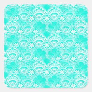 Elegantes Vintage Teal Türkis Spitze Damast Muster Quadratischer Aufkleber