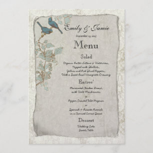 Elegantes Vintage Türkis Vögel Damast Hochzeitsmen Menükarte