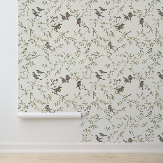 Elegantes Vintage-Vogel- und Zweigmuster  Tapete (Anwendung)