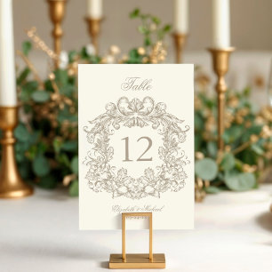 Elegantes Vintage-Wappen Elfenbein-Hochzeit Tischnummer