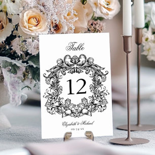 Elegantes Vintage-Wappen Schwarz Weiß Hochzeit Tischnummer