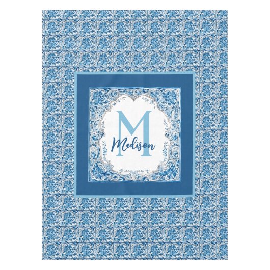 Elegantes Vintages Aqua Blau-Gelb-Monogramm Tischdecke (Vorderseite)