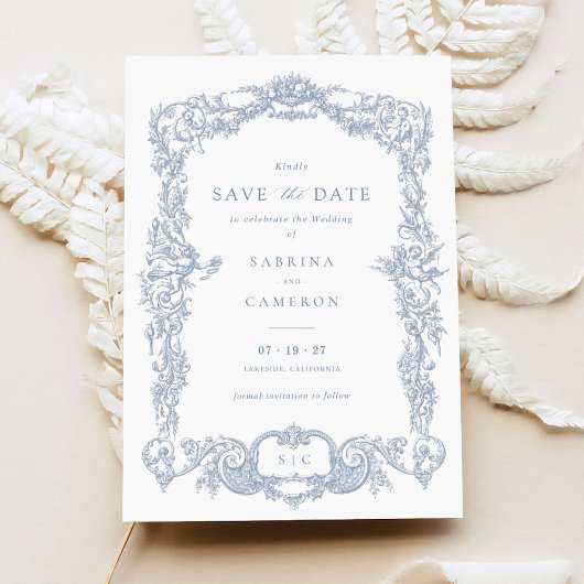 Elegantes Vintages Barockblau Save the Date Einladung