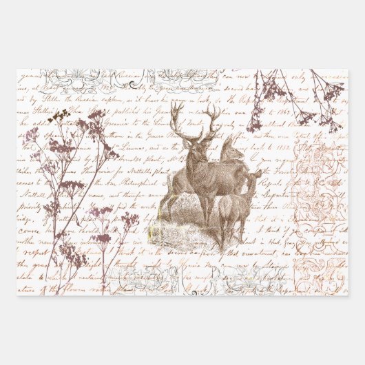Elegantes Vintages Beige Hirsche Wildblume Skript Geschenkpapier Set (Vorderseite)