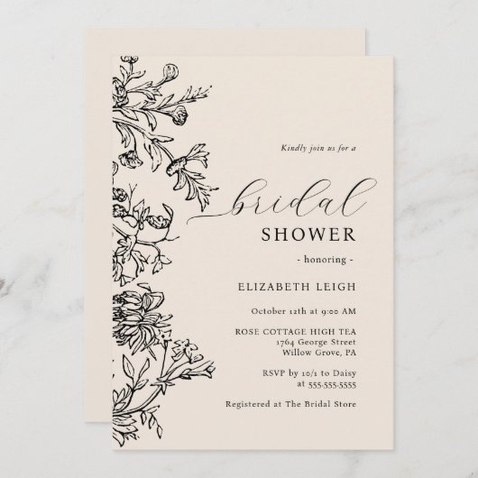 Elegantes Vintages Beige Schwarzes Brautparty Einladung (Vorne/Hinten)