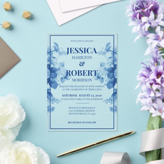 Elegantes Vintages blaues Chinoiserie Blumenzwiebe Acryleinladungen (In Situ (Hochzeit))