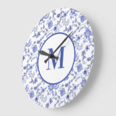 Elegantes Vintages blaues Floral Monogramm Große Wanduhr (Winkel)