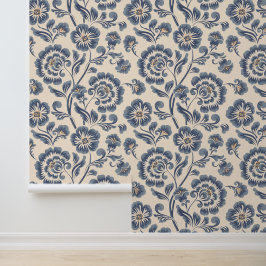 Elegantes Vintages blaues goldenes Blumenmuster Tapete