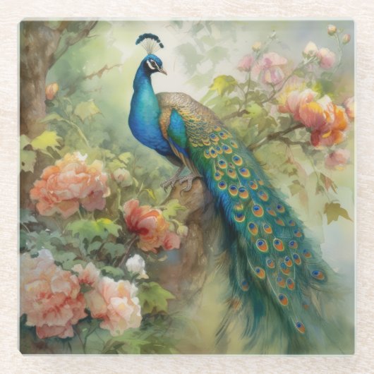 Elegantes Vintages blaues Pfauenblättern Glasuntersetzer (Vorderseite)