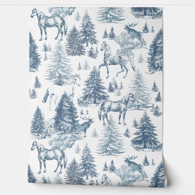Elegantes Vintages Blaues Pferd im Schneewaldtoil Tapete (Abrollen)