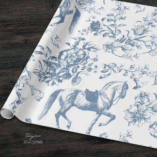 Elegantes, Vintages Blaues Weiße Rösser Blumenmust Geschenkpapier