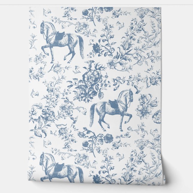 Elegantes, Vintages Blaues Weiße Rösser Blumenmust Tapete (Abrollen)