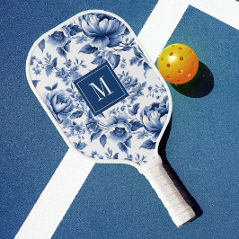 Elegantes Vintages Blue Floral Monogramm Pickleball Schläger