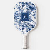 Elegantes Vintages Blue Floral Monogramm Pickleball Schläger (Rückseite)