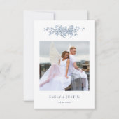 Elegantes Vintages Blumenblauer Foto Hochzeit Dankeskarte (Vorderseite)